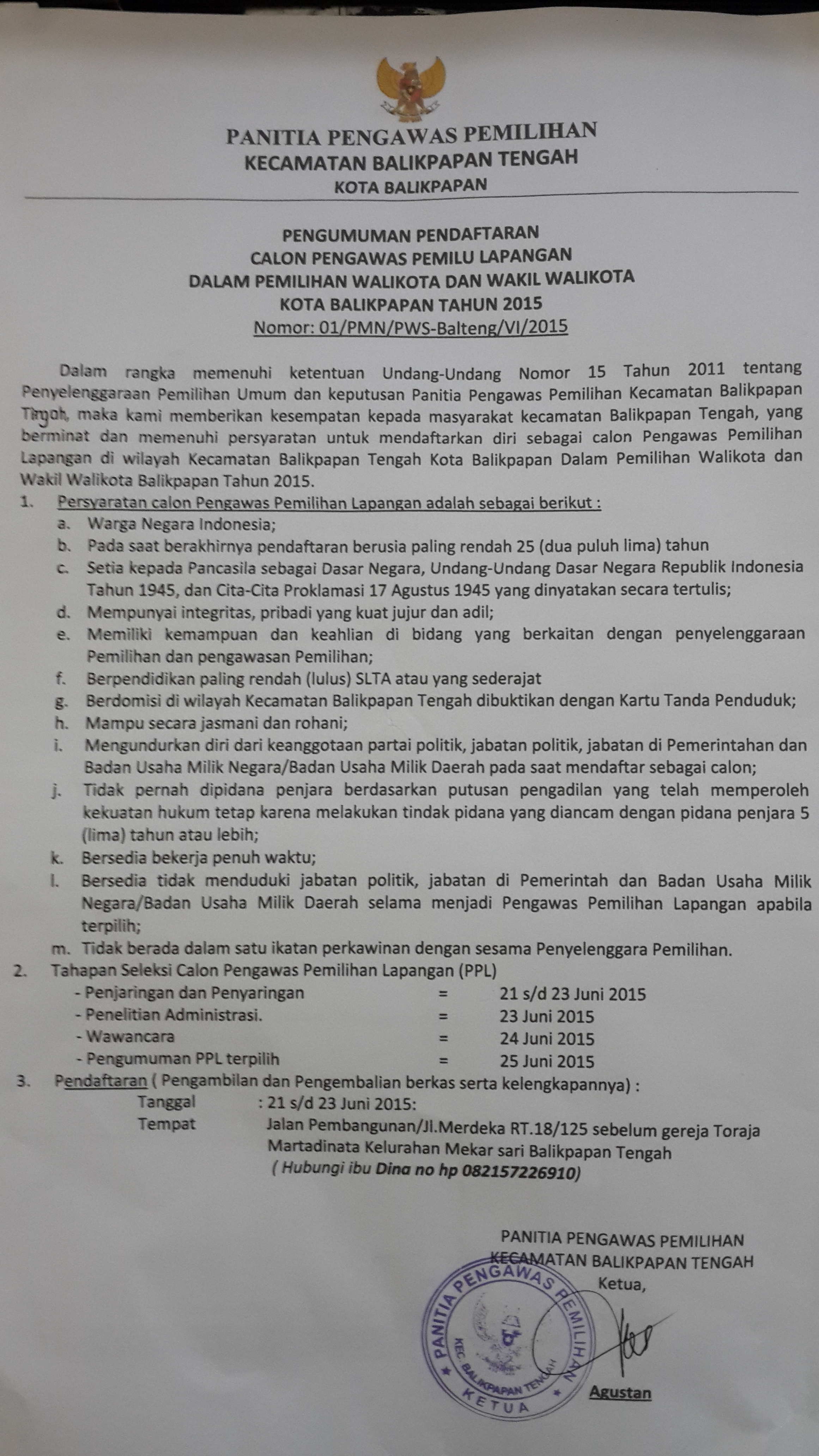 Penerimaan Calon Pengawas Pemilu Lapangan Dalam Pemilihan Walikota Balikpapan